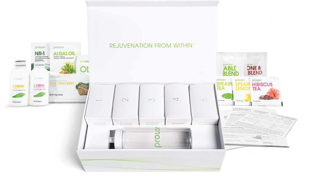 Prolon fasting kit including water bottle, soups, snacks and supplements