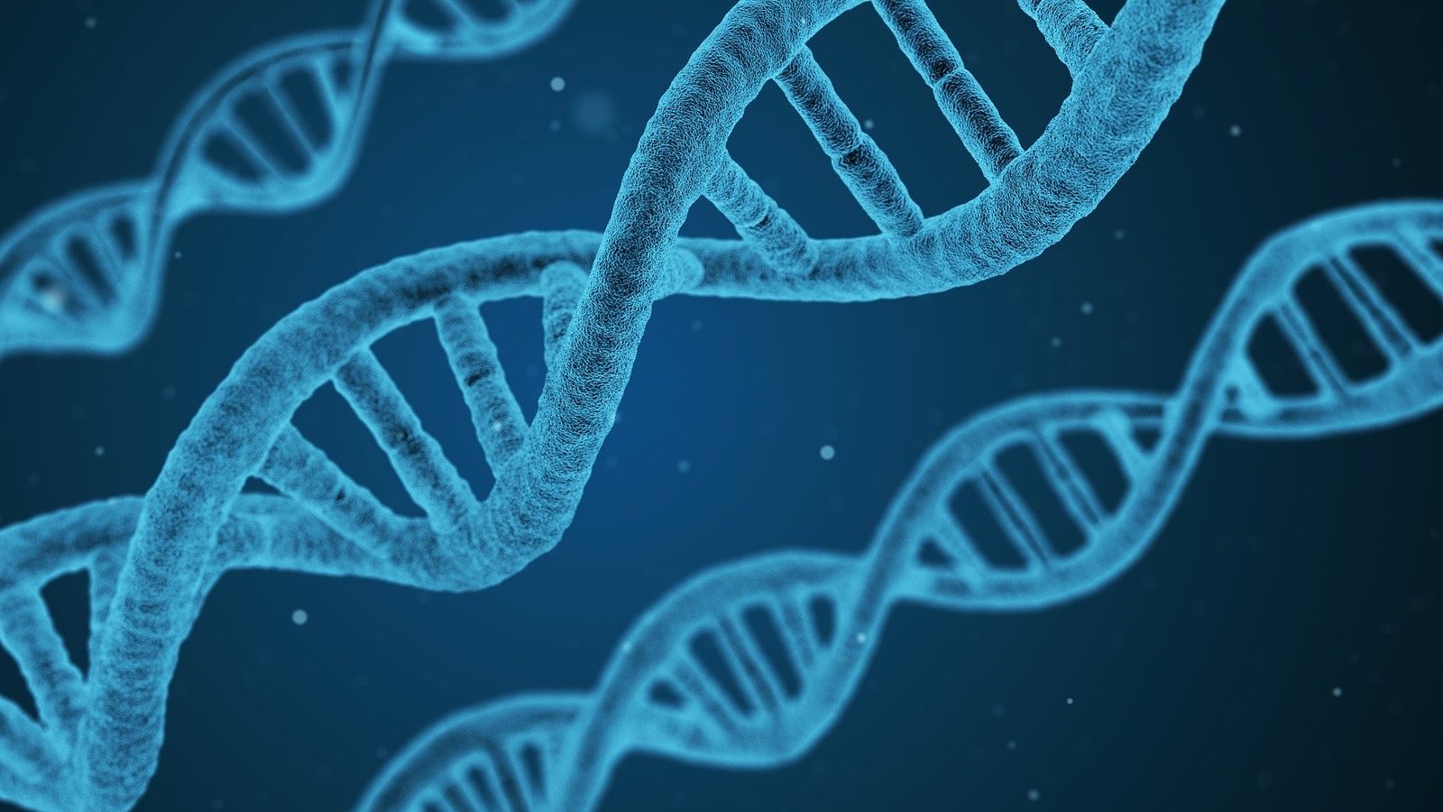 three blue dna strands against dark background