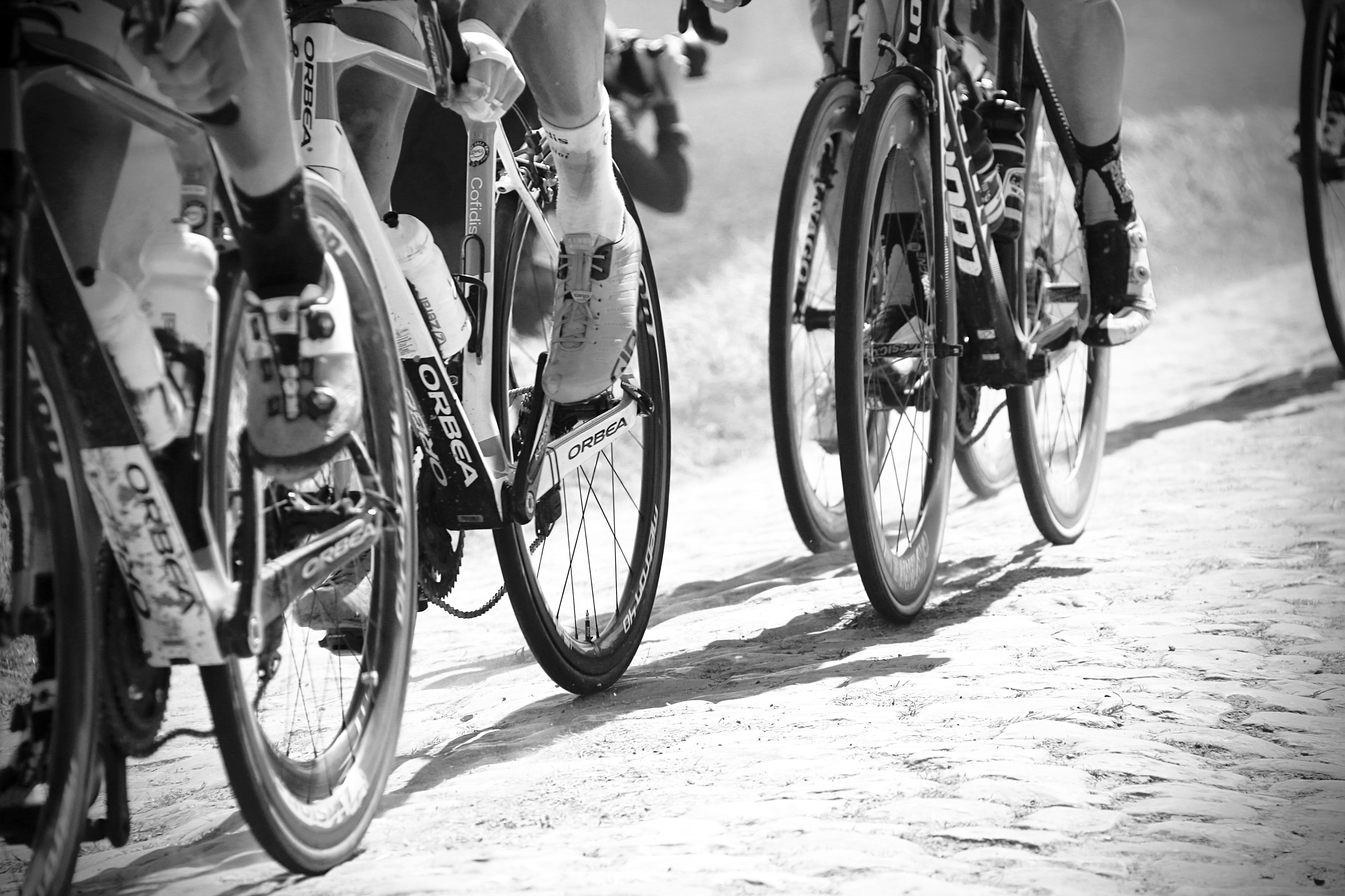 Black and white photo of cyclists during a race from legs down